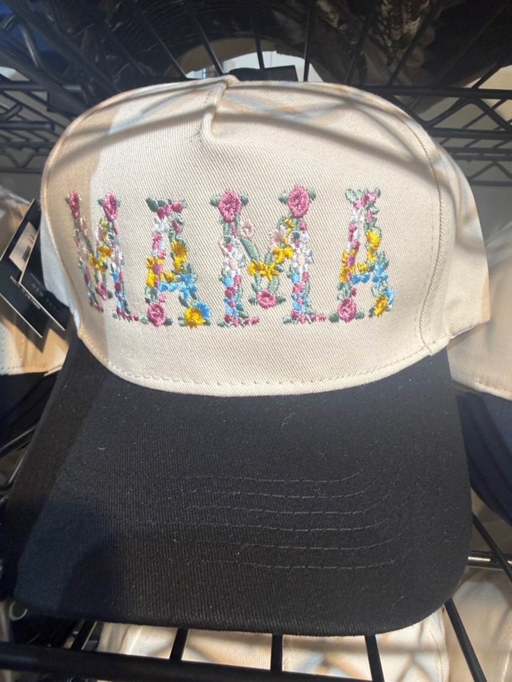 Floral 'MAMA' Embroidered Kids Baseball Cap - Cream & Black